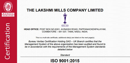 Lakshmi mills Textile Certificate