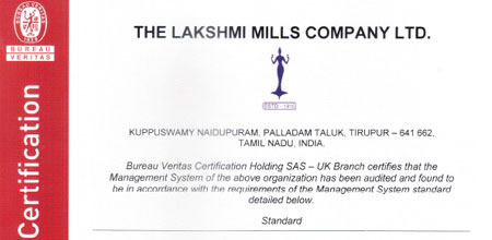Lakshmi mills Textile Certificate