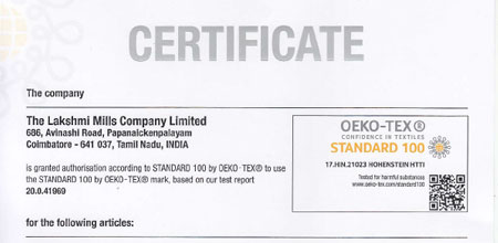 Lakshmi mills Textile Certificate
